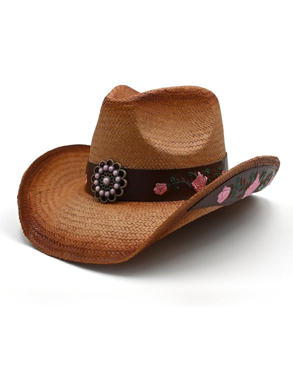 Men's Brown-rose Pull-On Straw Two Decorative Band Cowboy Cowgirl Hat